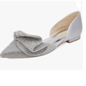 XYD Silver Sparkle Pointed Toe D'Orsay Slip On Slides Elegent Folded Bow Shoes